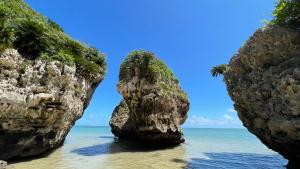 two large rocks in the ocean with a palm tree at 水と共に過ごすスモールヴィラ　かふーわ知念　 in Chinen