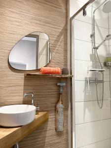 La salle de bains est pourvue d'un lavabo et d'un miroir. dans l'établissement Appartement Saint Rémy de Provence, à Saint-Rémy-de-Provence