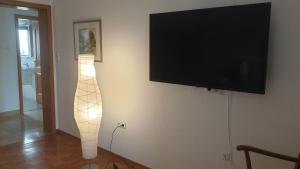 un televisor colgado en una pared con una lámpara debajo en Ferienwohnung mit Terrasse, kostenloses WLAN, Parkplatz, en Bad Oeynhausen