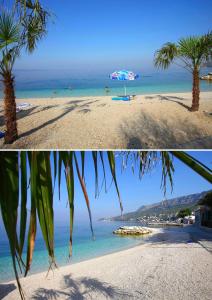 dwa zdjęcia plaży z palmami i oceanem w obiekcie Seaside Apartment Blue w mieście Dugi Rat