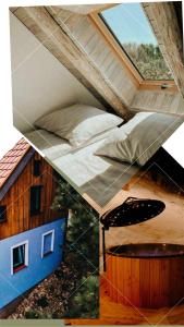 zwei Bilder eines Bettes in einem Haus in der Unterkunft Las Skarpa apartamenty in Srebrna Góra