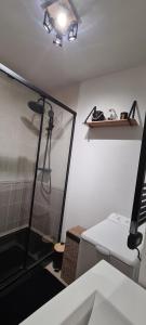 a bathroom with a shower and a sink and a mirror at Appartement Face Mer au pied des commerces in Pornichet