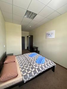ein Schlafzimmer mit einem Bett mit blauen Kissen darauf in der Unterkunft Ластівка in Chust