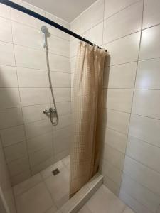 eine Dusche mit Duschvorhang im Bad in der Unterkunft Ластівка in Chust