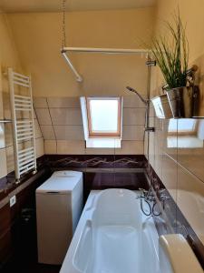 a small bathroom with a sink and a toilet at Iulius Town Charm Cozy Apartments in Timişoara