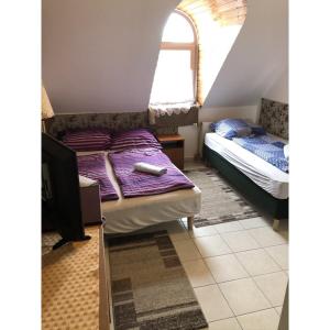 sypialnia z 2 łóżkami, telewizorem i oknem w obiekcie Hotel Balaton Fonyód w mieście Fonyód