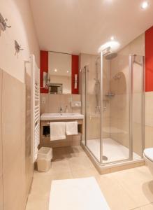 ein Bad mit einer Dusche und einem Waschbecken in der Unterkunft Hotel Bavaria in Zwiesel