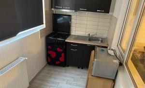 a small kitchen with a sink and a stove at Apartament Militari Residence in Roşu