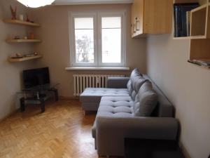uma sala de estar com um sofá e uma televisão em Sunny Seven em Gdynia