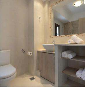 a bathroom with a sink and a toilet and a mirror at Seascape Villas Kinira - Elia & Anatoli in Kinira
