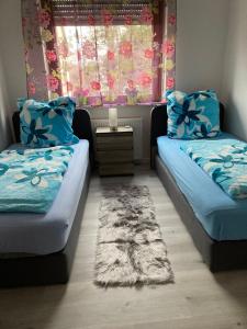 1 dormitorio con 2 camas, ventana y alfombra en Ferienwohnung Sonne en Landstuhl