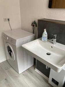 a bathroom with a sink and a washing machine at Ferienwohnung Sonne in Landstuhl