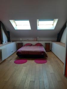 1 dormitorio con 2 ventanas y 1 cama con alfombras en MANOIR AU CALME 10 KM DU MANS en Fay