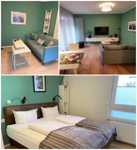 deux photos d'un salon et d'une chambre dans l'établissement Meergrün, à Norderney