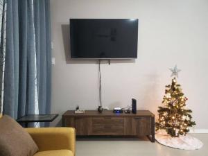 a living room with a christmas tree and a television at Suite at the Courtleigh Towers in Kingston