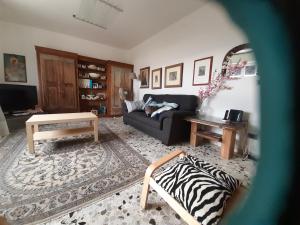 - un salon avec un canapé noir et un tapis zébré dans l'établissement quercia grande, à Casoli