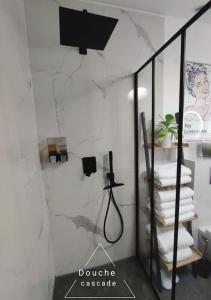 Habitación con perchero de toallas y espejo. en Ô'date gîte &spa en Nantes