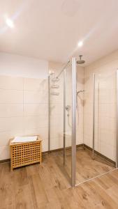 シュヴァンガウにあるBeim Straußerのバスルーム(ガラスドア付きのシャワー付)