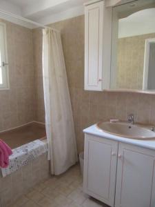 ein Bad mit einem Duschvorhang und einem Waschbecken in der Unterkunft Maison indépendante sur notre propriété in Hyères