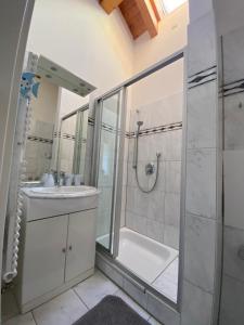 ein Bad mit einer Dusche und einem Waschbecken in der Unterkunft Penthouse Bargholz in Füssen