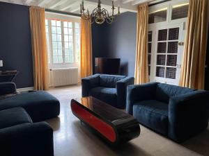 ein Wohnzimmer mit blauen Möbeln und einem Kronleuchter in der Unterkunft LE PARC in Coulanges-sur-Yonne