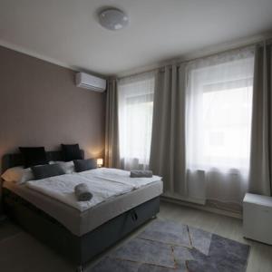 1 dormitorio con 1 cama grande frente a una ventana en Noel Vendégház, en Szeged