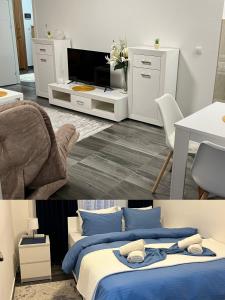 - une chambre avec un lit, une table et une télévision dans l'établissement Elif Apartman, à Novi Pazar