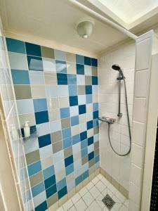 a bathroom with a shower with blue and white tiles at BBBoekelo appartement in Boekelo