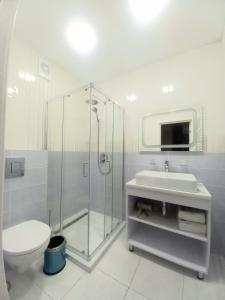 a bathroom with a shower and a toilet and a sink at Отель MONBLAN in Yablunytsya