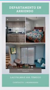 eine Collage mit Bildern eines Schlafzimmers und eines Bettes in der Unterkunft Cabañas y Departamentos Las Palmas, Temuco Depto 3 in Temuco