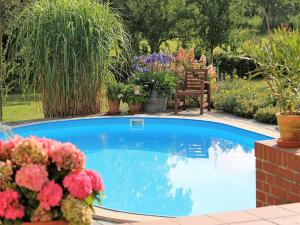 a swimming pool in a garden with potted plants at Gutshof Marienthal in Viereck
