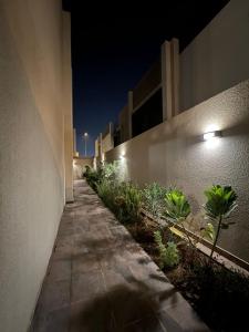 a walkway with plants on the side of a building at night at فيلا ضاحية الرمال 2 in Riyadh