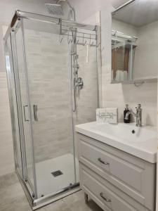 ein Bad mit einer Dusche und einem Waschbecken in der Unterkunft Appartamento Mont Fleury in Valtournenche