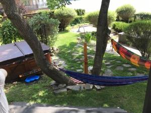 a hammock hanging between two trees in a yard at Om chalet 2 avec spa et foyer bordé du fleuve in St-Pierre-de-l'Île-d'Orléans