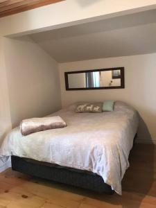 1 dormitorio con 1 cama grande en una habitación en Om chalet 2 avec spa et foyer bordé du fleuve, en St-Pierre-de-l'Île-d'Orléans