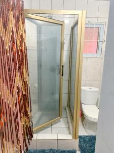 a shower in a bathroom with a toilet at Apartment at Trincity Central Road in Port-of-Spain