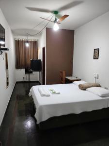 a bedroom with two beds and a ceiling fan at Hotel Village Cataguases in Cataguases