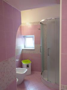 La salle de bains rose est pourvue de toilettes et d'une douche. dans l'établissement BeachFront House - Sant'Angelo Ischia, à Ischia