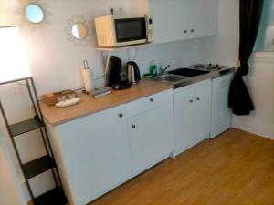 a kitchen with a counter with a microwave and a sink at Le Tendance : Studio avec Jardin in Courcouronnes