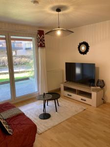een woonkamer met een flatscreen-tv en een tafel bij Le gîte de Marc - Parking privé gratuit + terrasse in Colmar