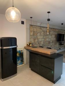 a kitchen with a black refrigerator and a counter at Apartament Gold in Złotoryja