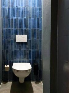 a bathroom with a toilet in a blue tiled wall at Apartment im Wein- und Freizeitidyll Klöch in Klöch