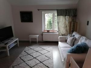 uma sala de estar com um sofá branco e uma janela em Villa Carpay em Louveigné