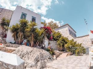 a house with palm trees in front of a building at SUNSET STUDIO - HYDRA DREAM HOUSES in Hydra