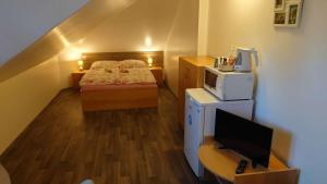 a small room with a bed and a television at Penzion TCV Pardubice in Pardubice