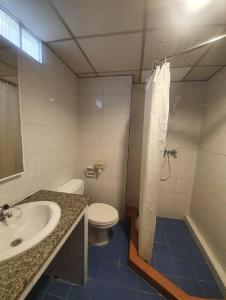 ein Bad mit einem WC, einem Waschbecken und einer Dusche in der Unterkunft BJ city hotel in Surat Thani