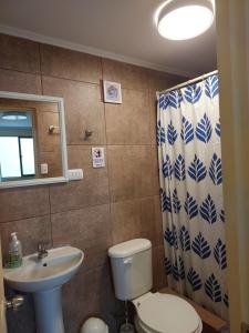 a bathroom with a toilet and a sink and a mirror at Bellissa House in Antofagasta