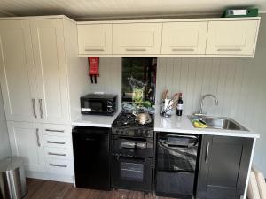 a kitchen with a black stove and a sink at Oak Boutique Lodge includes hot tub air con & dog in York
