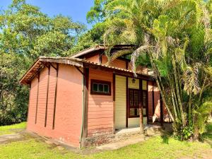 uma pequena casa ao lado de uma palmeira em Prumirim Camping & Chalés em Ubatuba