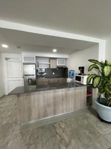 a large kitchen with a large counter top at Hermosos Apartamentos Frente Al Mar in San Andrés